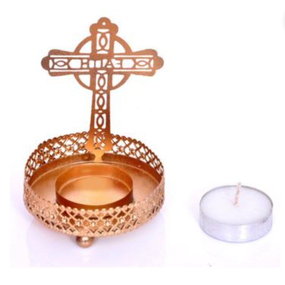 Cross tealight candle holder with candle